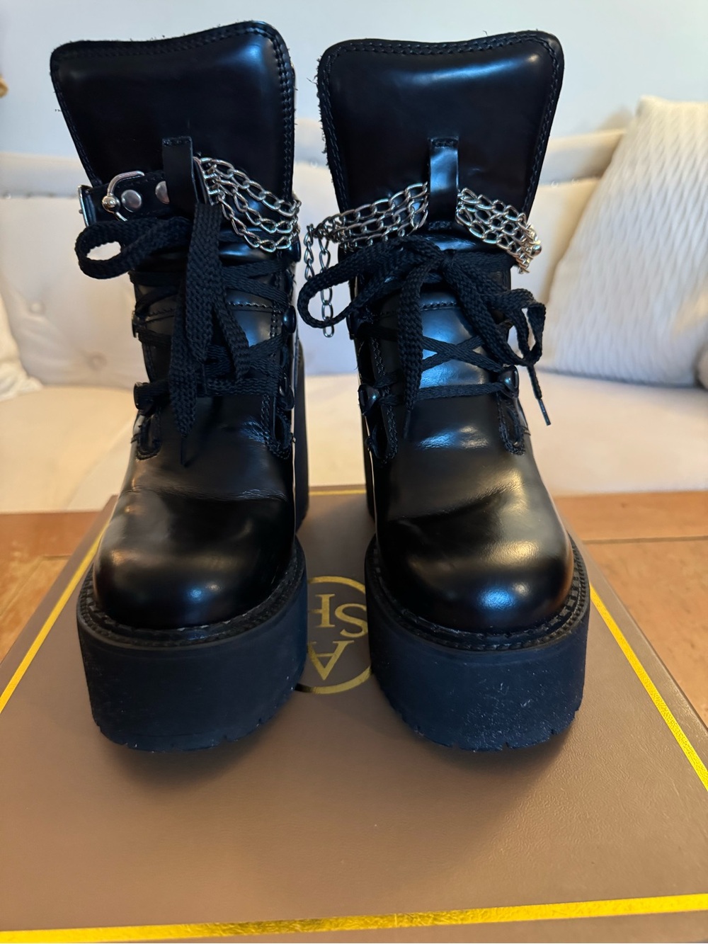Rhianna Fenty Puma Collab. Black Platform Lace-Up Boots with Silver Chain Accent